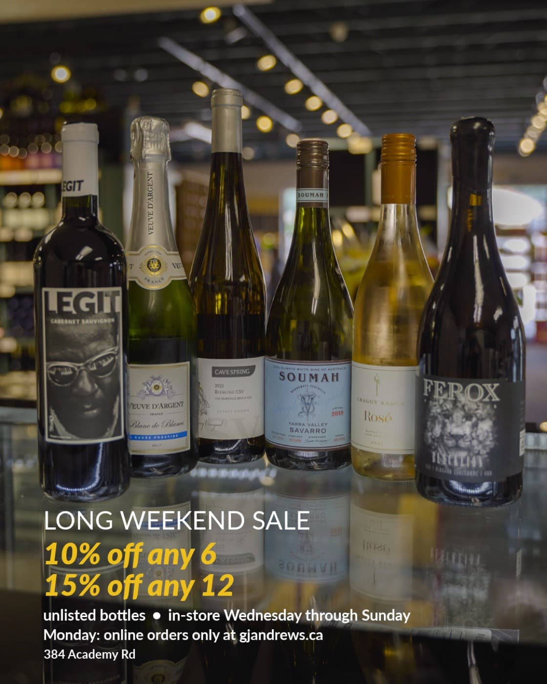 Social ad: long weekend sale, 10% off any 6 or 15% off any 12 bottles.