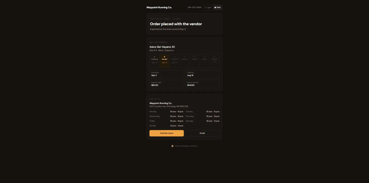 The Autofy customer tracking page for a Waypoint Running Co special order, an Asics Gel-Kayano 32, showing an $80.00 deposit paid against a $149.99 balance due on pickup, the order's stage timeline, and the shop's pickup hours.