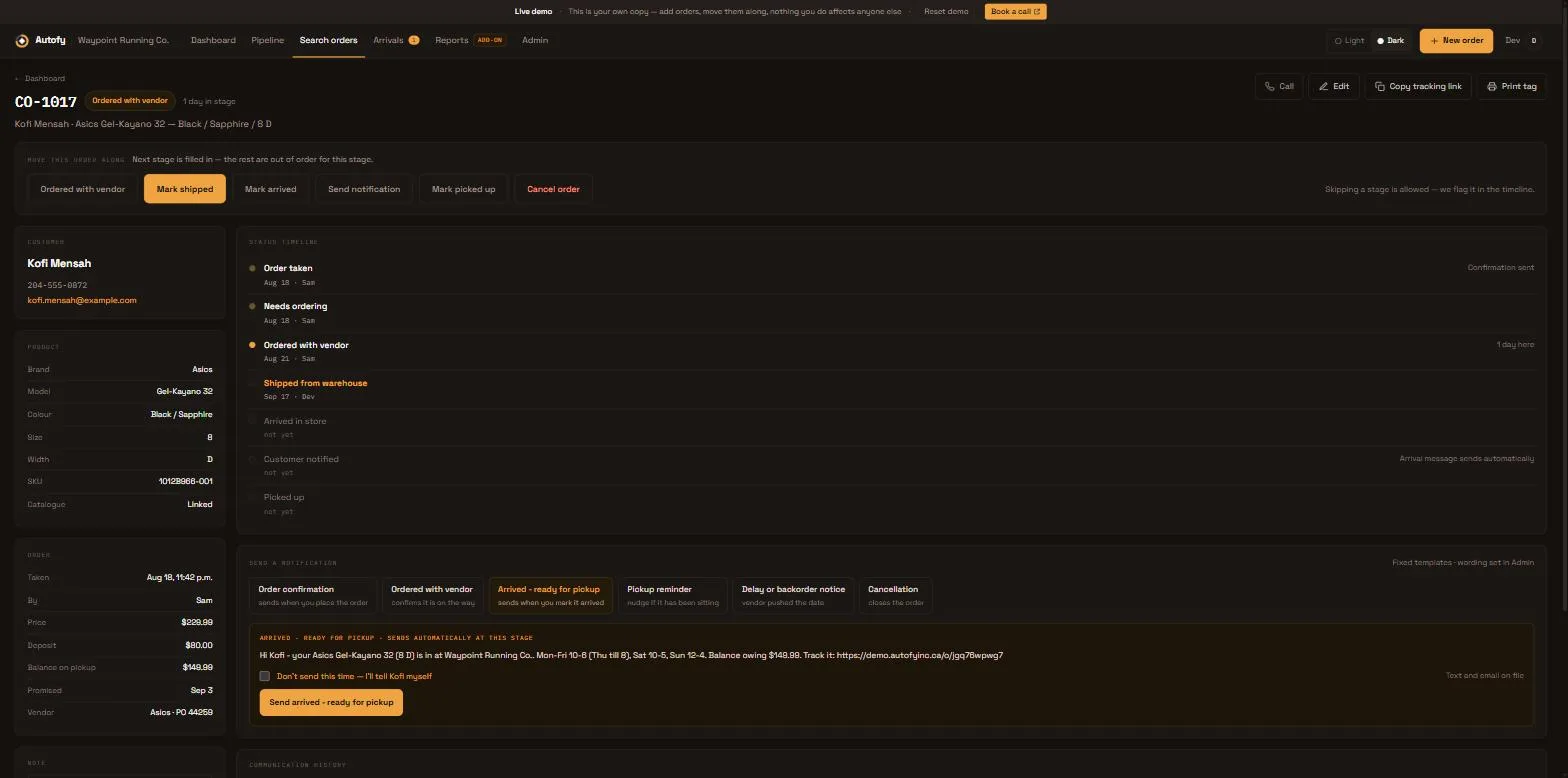 An Autofy order in the live demo, showing its status timeline from order taken to picked up and the arrival message that sends automatically when the order is marked arrived.