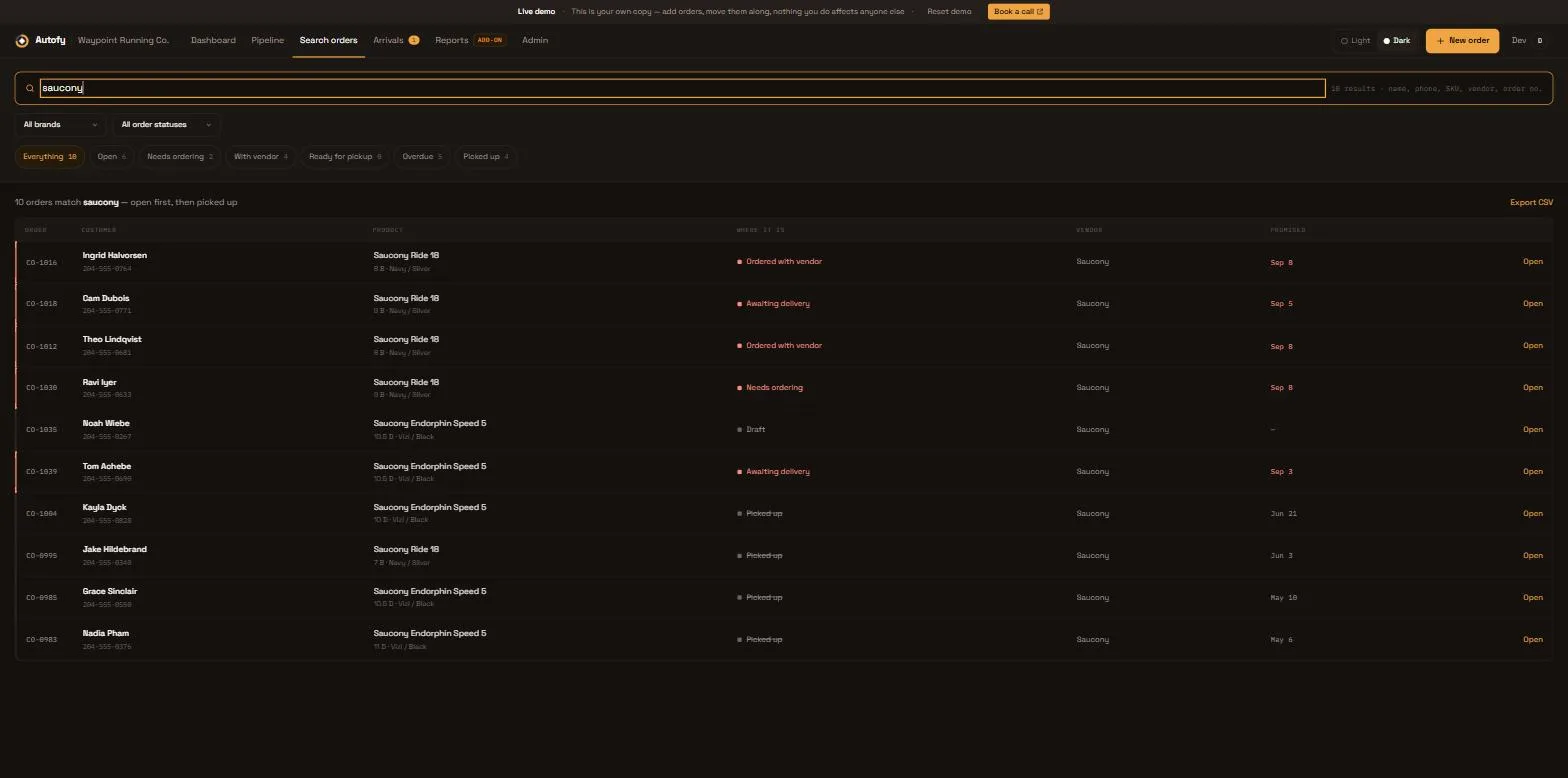 The Autofy Search orders screen for a demo running store, filtered to Saucony, showing ten orders with customer, product, status, vendor and promised date columns.
