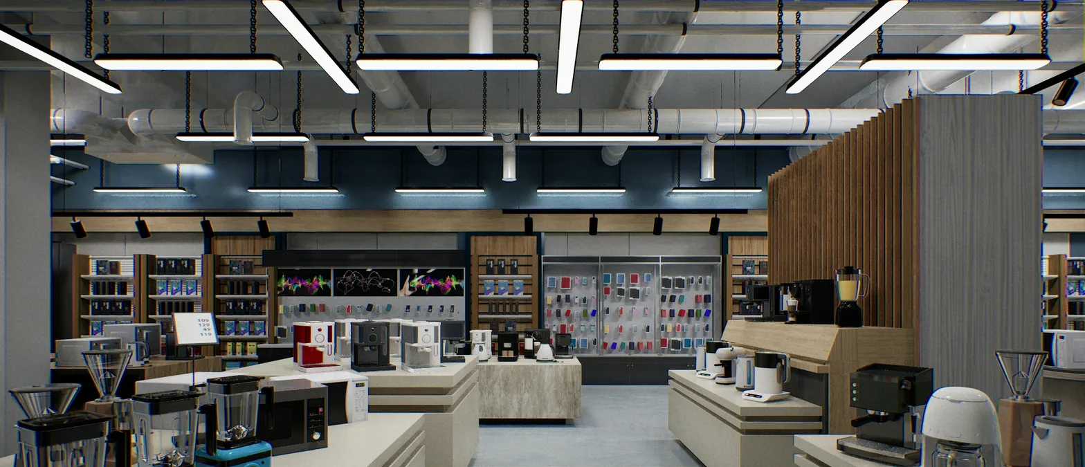 A modern appliance retail display with blenders, coffee makers and a microwave arranged on wooden counters, with accessory shelving in the background.