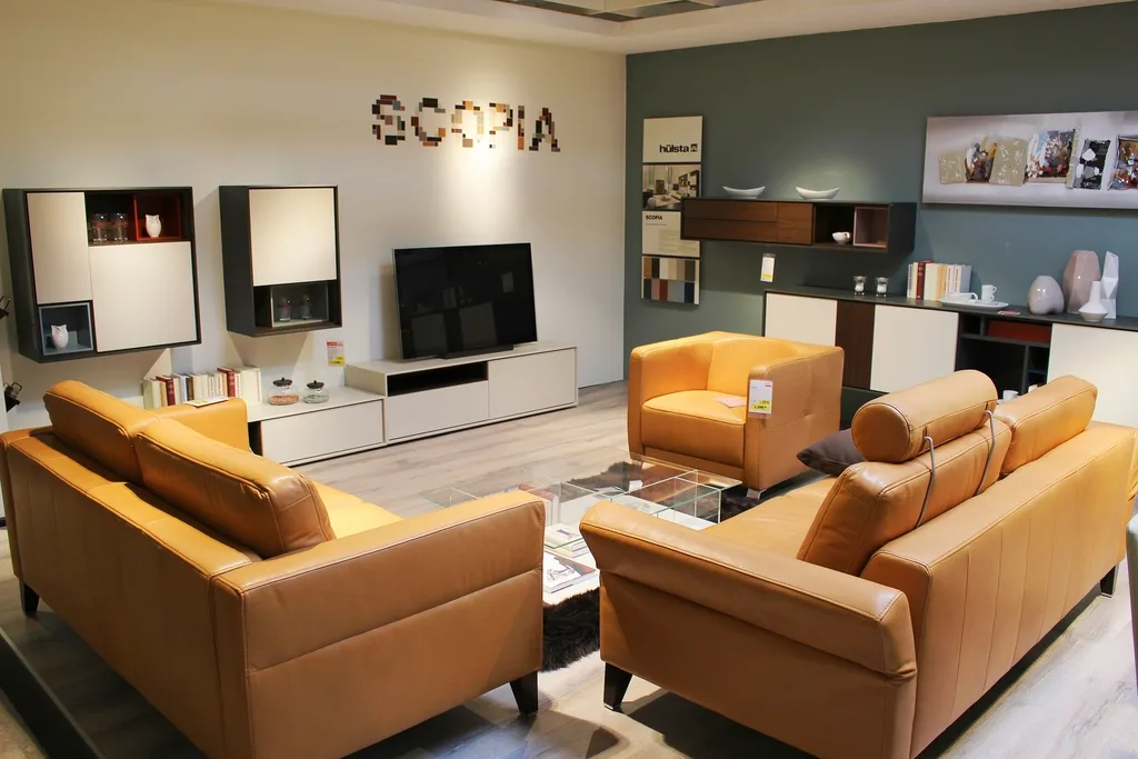 A furniture showroom set up as a living room, with a tan leather sofa and armchair in front of a low media unit and wall shelving.