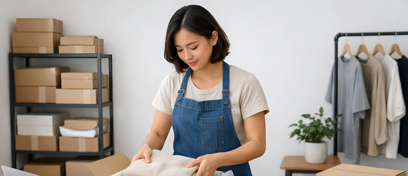 A small shop owner in a denim apron folding a sweater into an open shipping box, with boxed stock on a shelf and a clothing rack behind her.